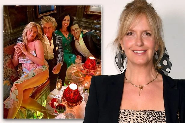 Loose Women's Penny Lancaster flashes bum in high slit dress at drinks with Rod Stewart