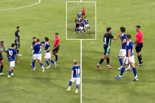 Premier League legend punches rival as star wallops team-mate in wild mass brawl