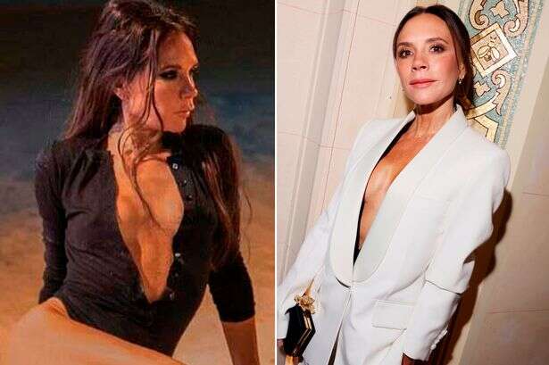 Victoria Beckham goes knickerless and bursts out of skimpy plunging shirt