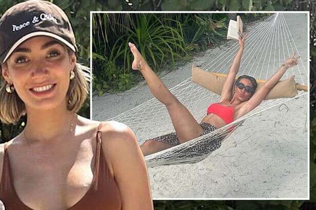 Frankie Bridge strips to skimpy bikinis while sunbathing on Maldives holiday