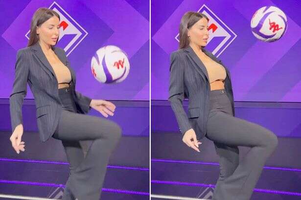 Stunning 'Kim Kardashian lookalike' TV host risks wardrobe malfunction with footie stunt