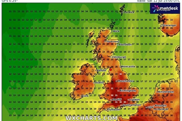 UK weather maps turn red across the country as 15 cities set to bake in 30C this weekend