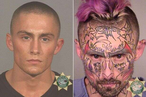 Meth addict's mad mugshot transformation – clean shaven teen to demon face tattoos