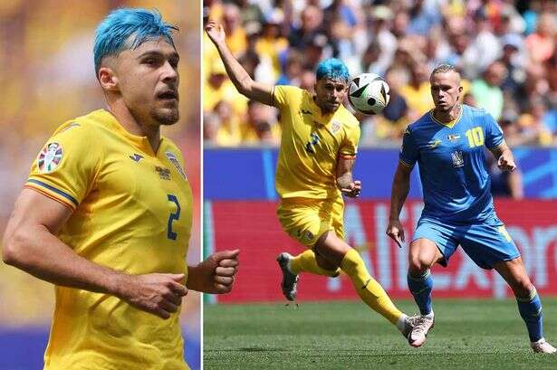 Euro 2024 fans want Romanian star booked for his 'garish blue barnet' against Ukraine