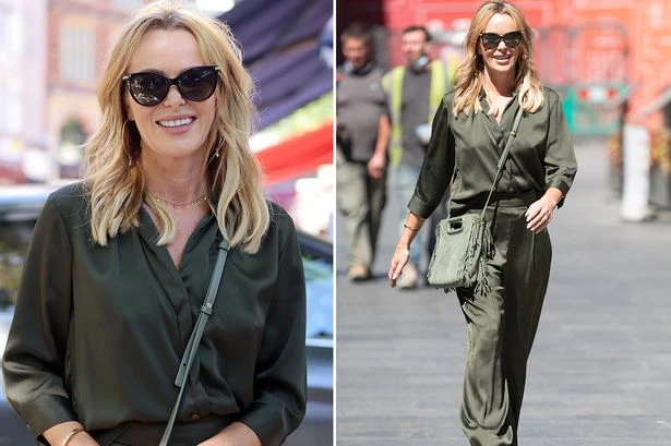 Amanda Holden goes braless as she sizzles in clingy green silk shirt and trousers