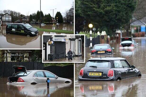 Shock New Year flood pics show Brits wading through thigh-high brown water as cars ditched