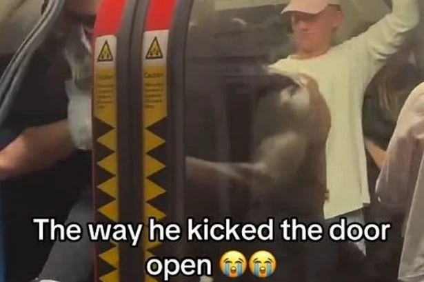 Horrifying moment shirtless man shatters London Underground tube window after breakdown