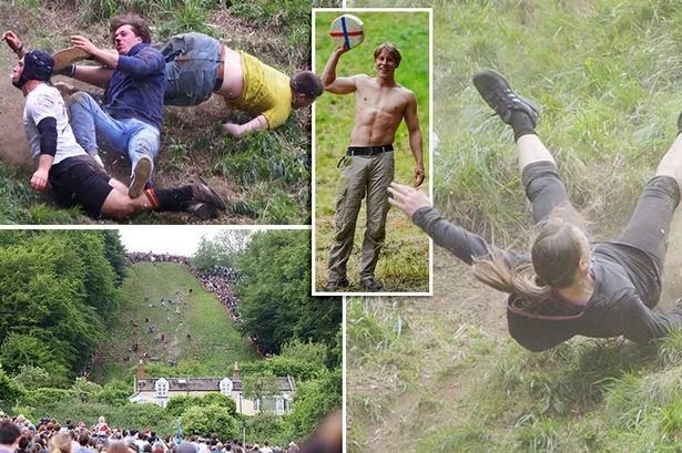 One person rushed to hospital as cheese rolling contenders fling themselves down huge hill