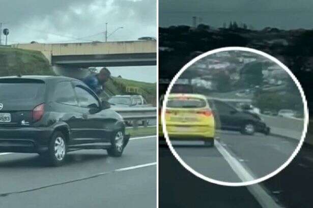 Moment bloke is launched from bonnet after he clung to ex's car when she dumped him