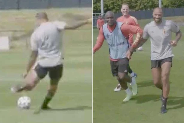 Thierry Henry shows he's still got it with superb free-kick in front of De Bruyne and Lukaku