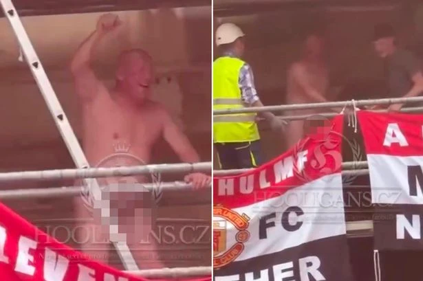 Man Utd fan dances naked on scaffolding in Bilbao as worker demands he gets off