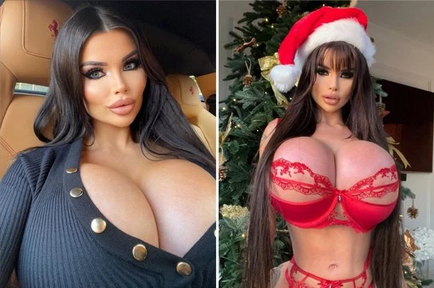 Model gets in festive spirit as she squeezes huge £40k boobs into Xmas lingerie