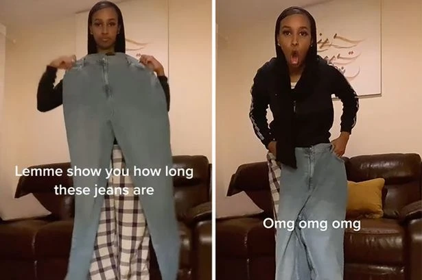 ASOS shopper mortified as new jeans arrive so big they nearly reach her face