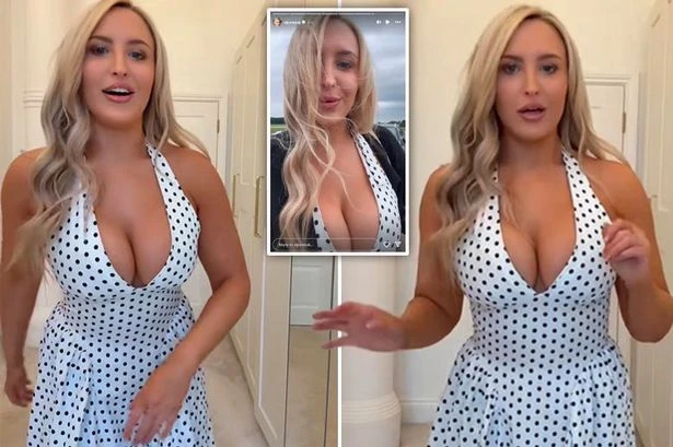 Emma Louise Jones suffers wardrobe malfunction in wind at York races – 'it's blown off'