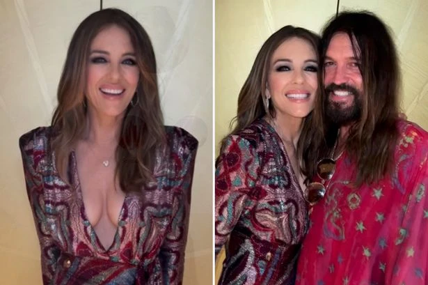 Liz Hurley, 60, wows in daring dress as she kisses Billy Ray Cyrus at Miley's event
