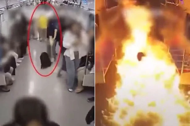 Train goes up in flames with 160 people inside as man throws liquid and sets it alight