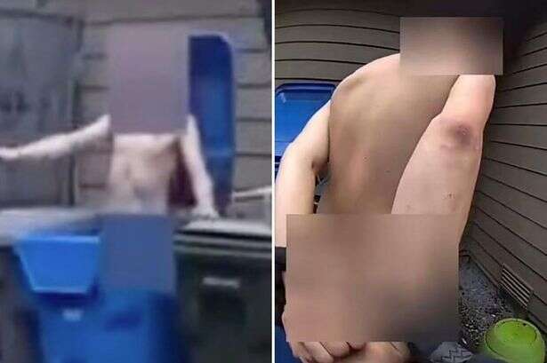 Naked man jumps out of bin as he tried to hide from police after dramatic chase