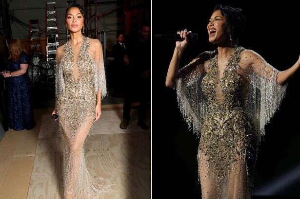 Nicole Scherzinger is dripping in gold as she sizzles in sheer crystal gown