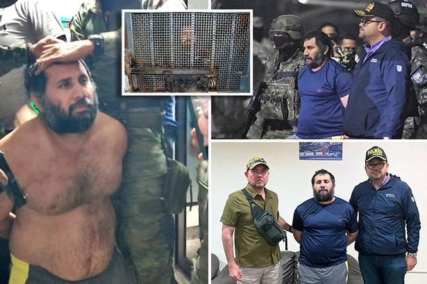 Beer-belly drug lord snapped shirtless in cuffs is Ecuador's most wanted criminal