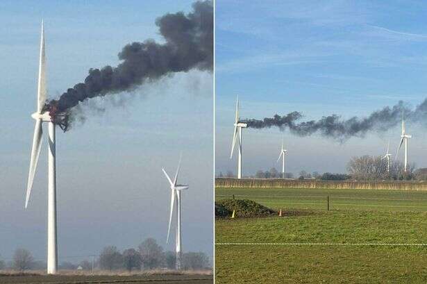 BREAKING UK wind turbine bursts into flames filling sky with plume of smoke