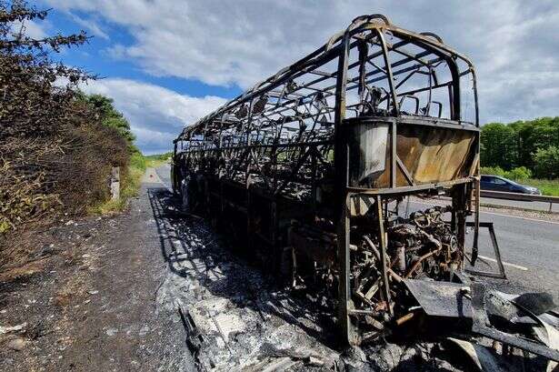 A5 coach fire: Devastating pictures show vehicle gutted after both sides of major road was closed