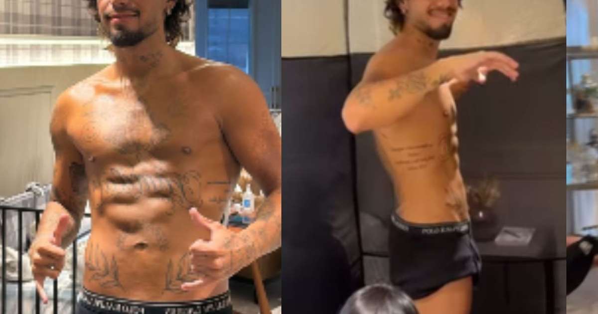 Zé Felipe faz bronzeamento artificial, exibe corpo sarado só de cueca e impressiona Virgínia: 'Tá gato, hein?'