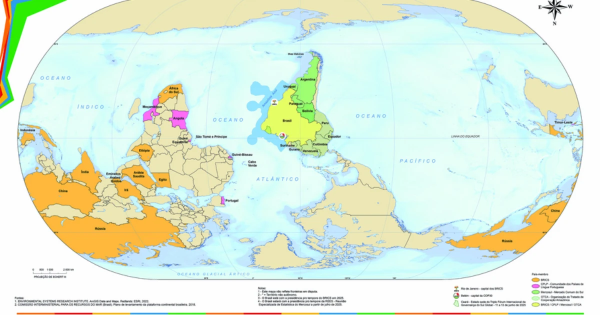 IBGE lança mapa-múndi invertido, com o Brasil no centro e o Sul no topo; veja