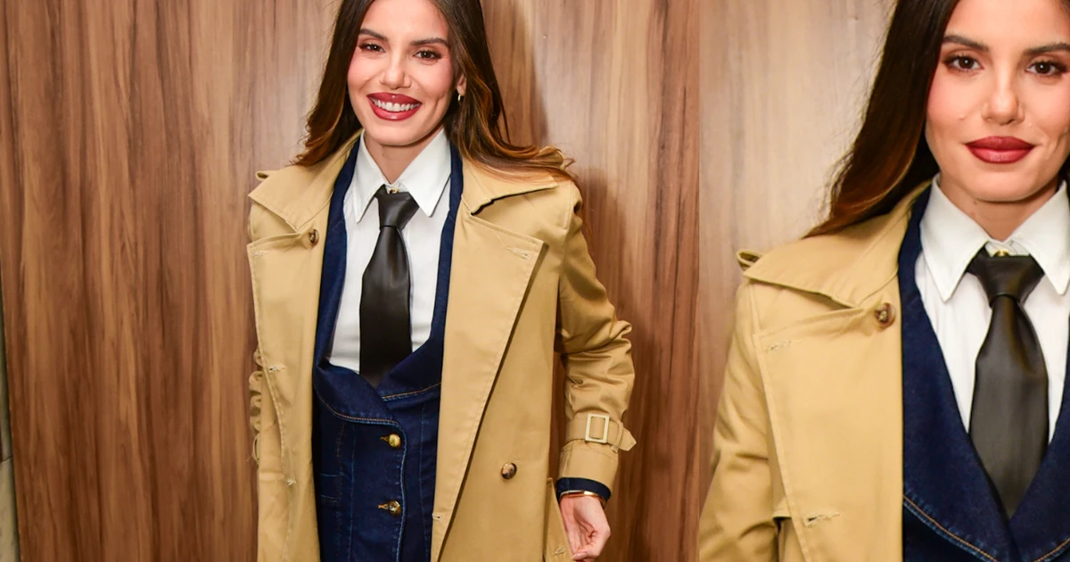 Grávida de 6 meses, Camila Queiroz aposta em trench coat de luxo e mistura alfaiataria com jeans em evento de moda