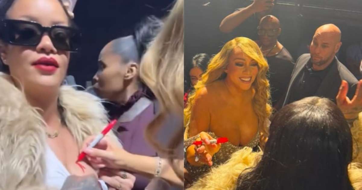 Gente como a gente: Rihanna pede autógrafo de Mariah Carey em show; assista