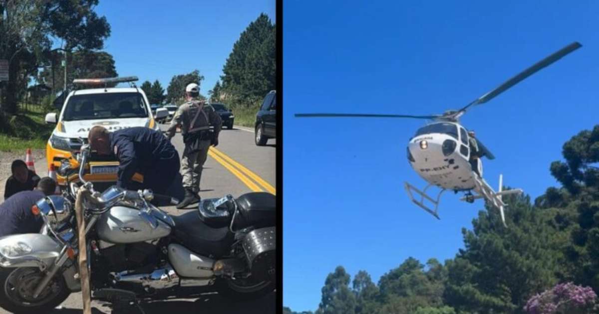 Helicóptero da Brigada Militar transporta vítima de colisão entre motocicleta e caminhão de lixo