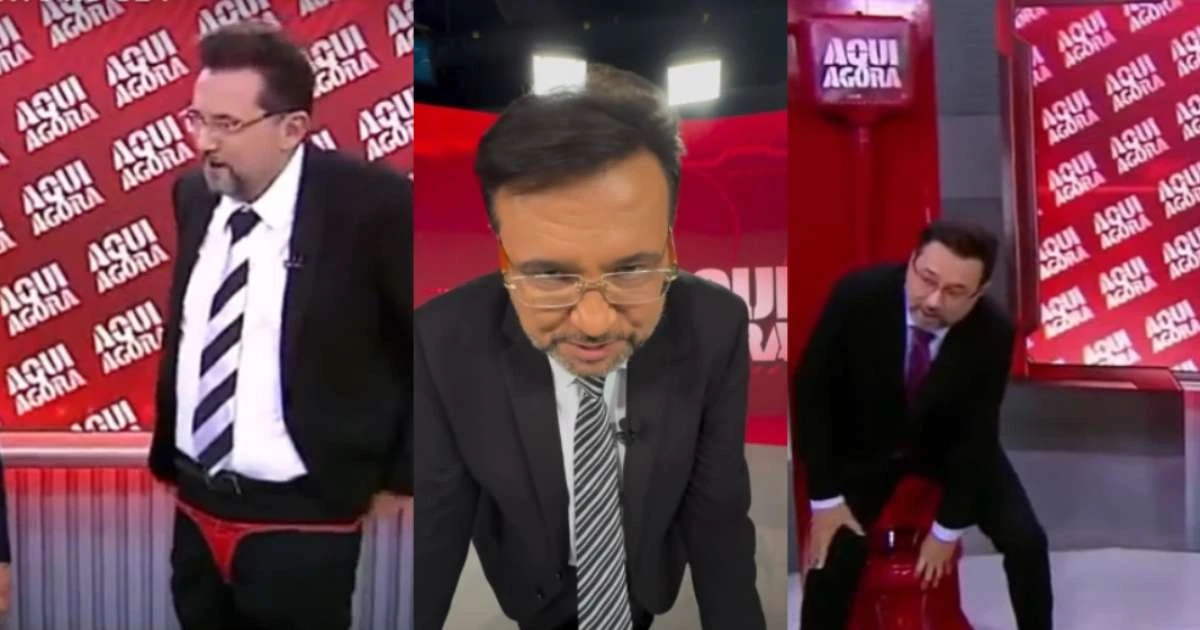 Calcinha sobre o terno, privada no estúdio: Geraldo Luís acerta ao fazer humor no 'Aqui Agora'
