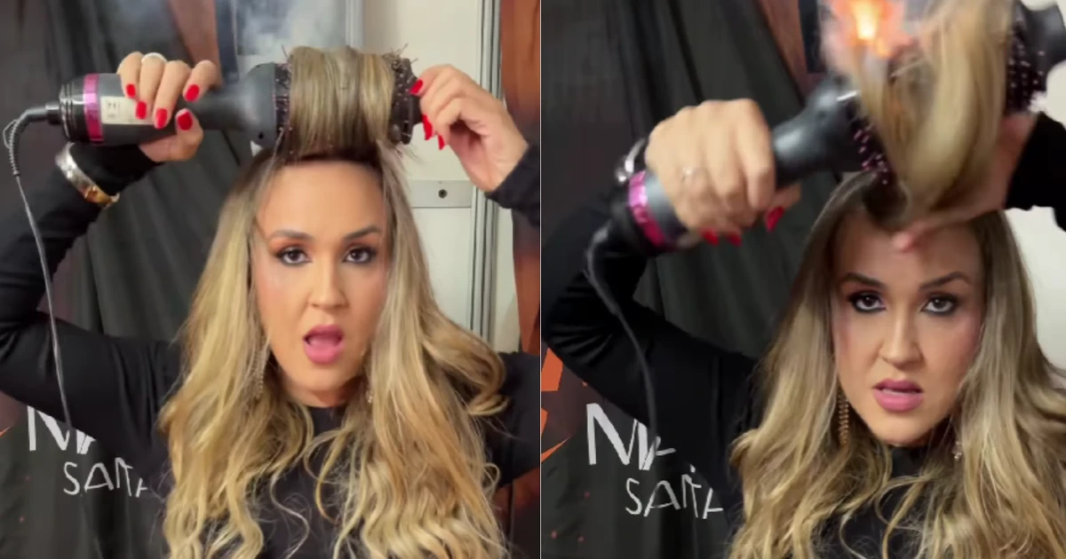Escova modeladora pega fogo e queima cabelo de cantora antes de show em Sergipe; veja vídeo