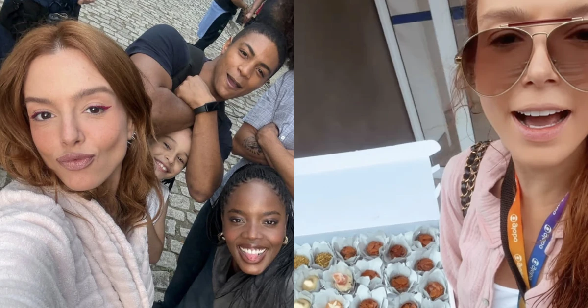 Nada de folga! Recém-casada, Giovanna Lancellotti volta correndo ao trabalho e leva docinhos para elenco