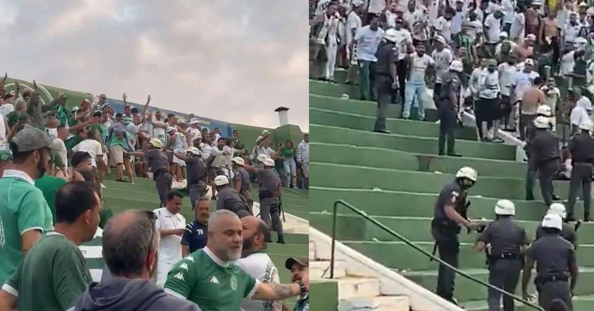 Briga generalizada paralisa jogo entre Guarani e Ponte Preta após torcedor cair em fosso