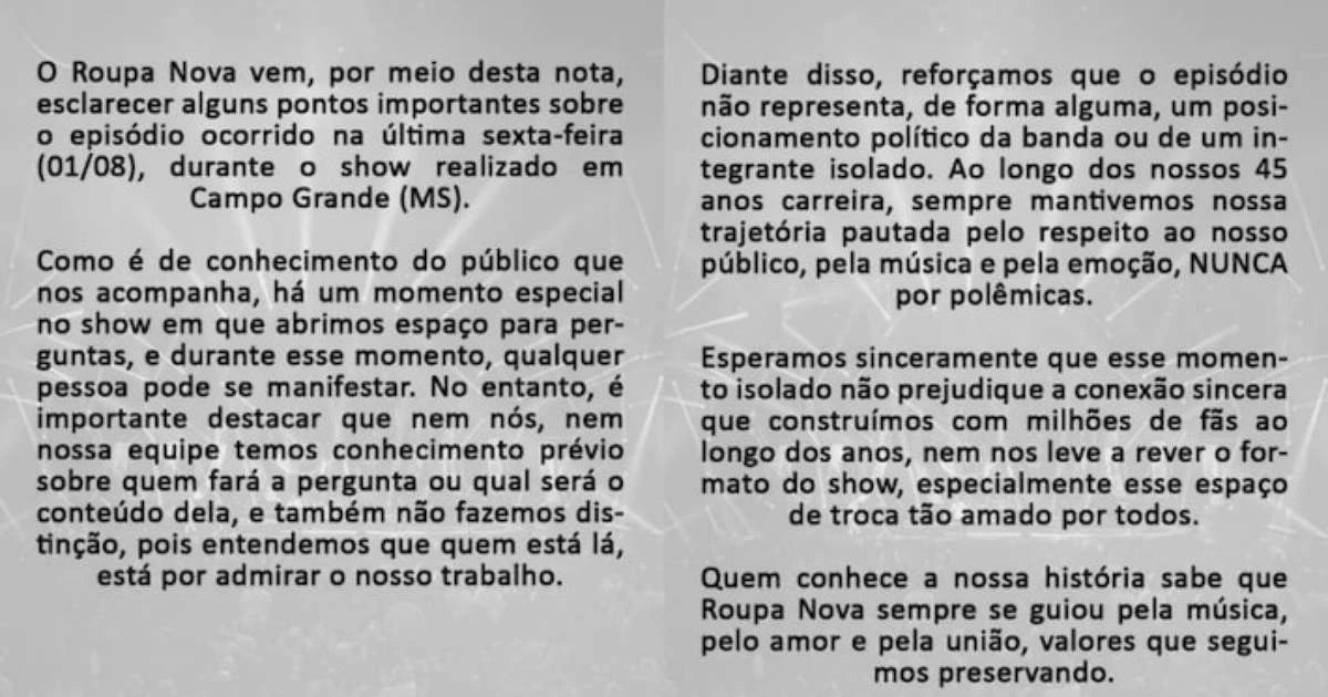 Roupa Nova se pronuncia após vaias a Soraya Thronicke durante show viralizarem; veja posicionamento