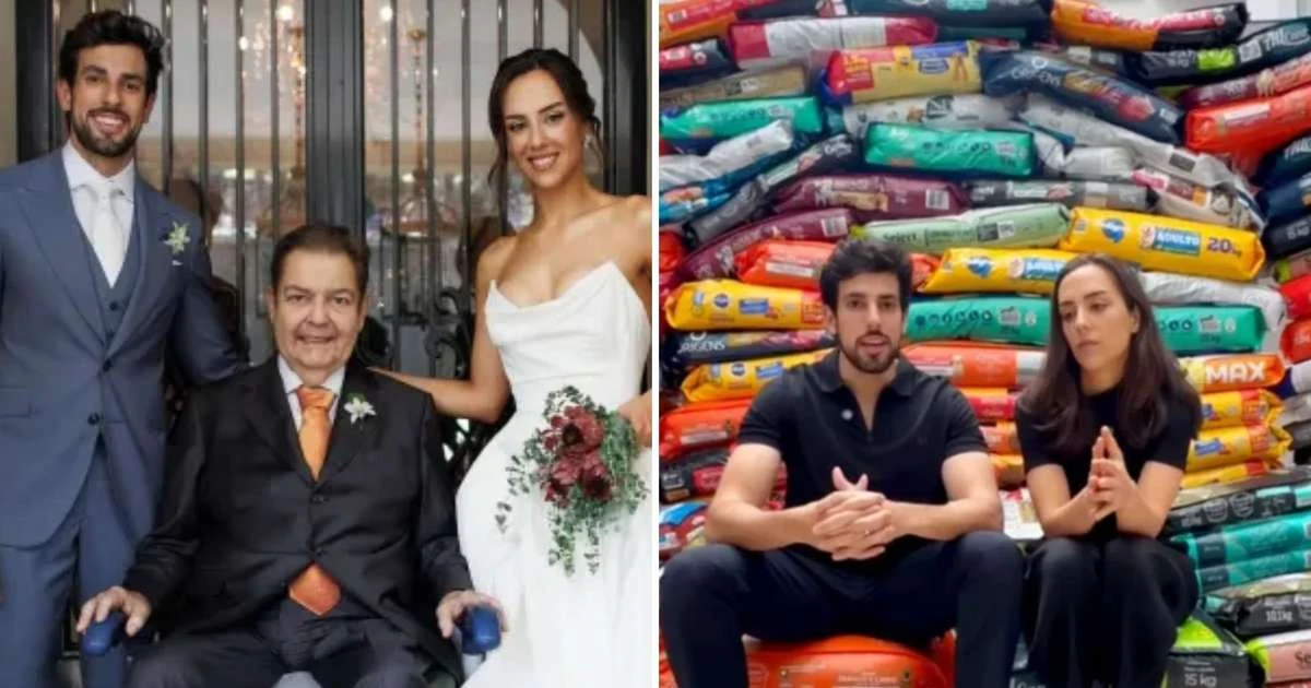 Filha de Faustão recebe ração como presente de casamento: 'Pedimos doações'