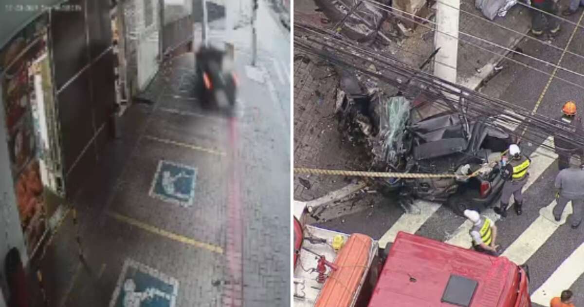 SP: Carro fica destruído após bater contra poste em alta velocidade; duas pessoas morreram