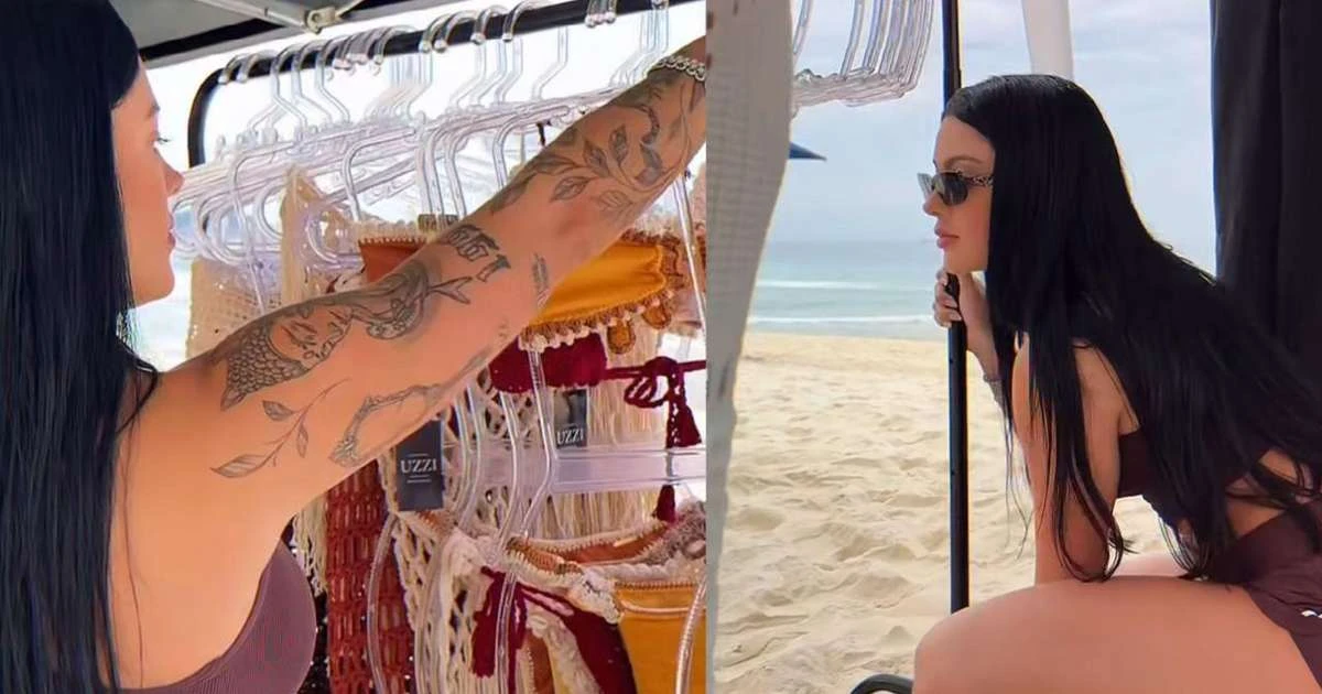 Namorada de Belo, Rayane Figliuzzi vende biquínis em praia no RJ