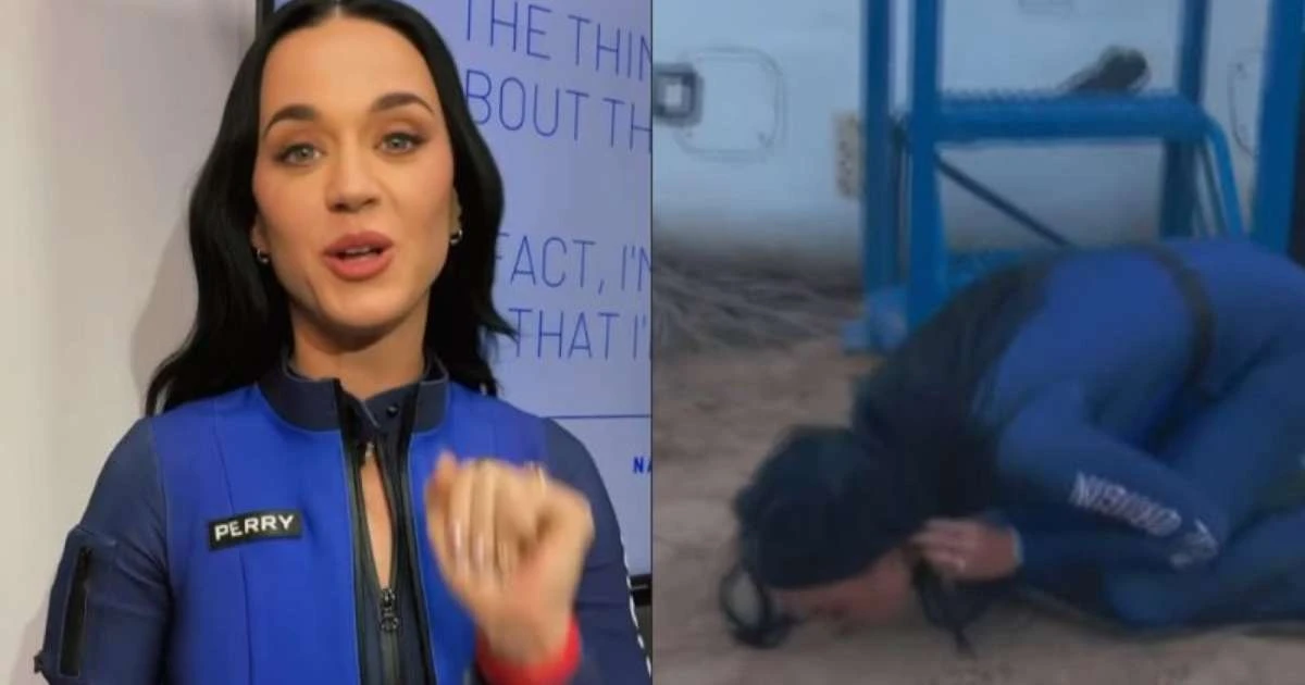 Cantora Katy Perry faz viagem de 11 minutos para o espaço e beija o chão ao pousar
