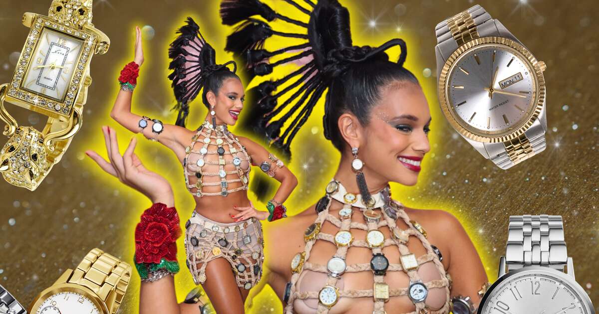 Ex-'BBB 24', Alane Dias abre contagem regressiva para o Carnaval 2025 com look impactante de 400 relógios no último ensaio da Grande Rio