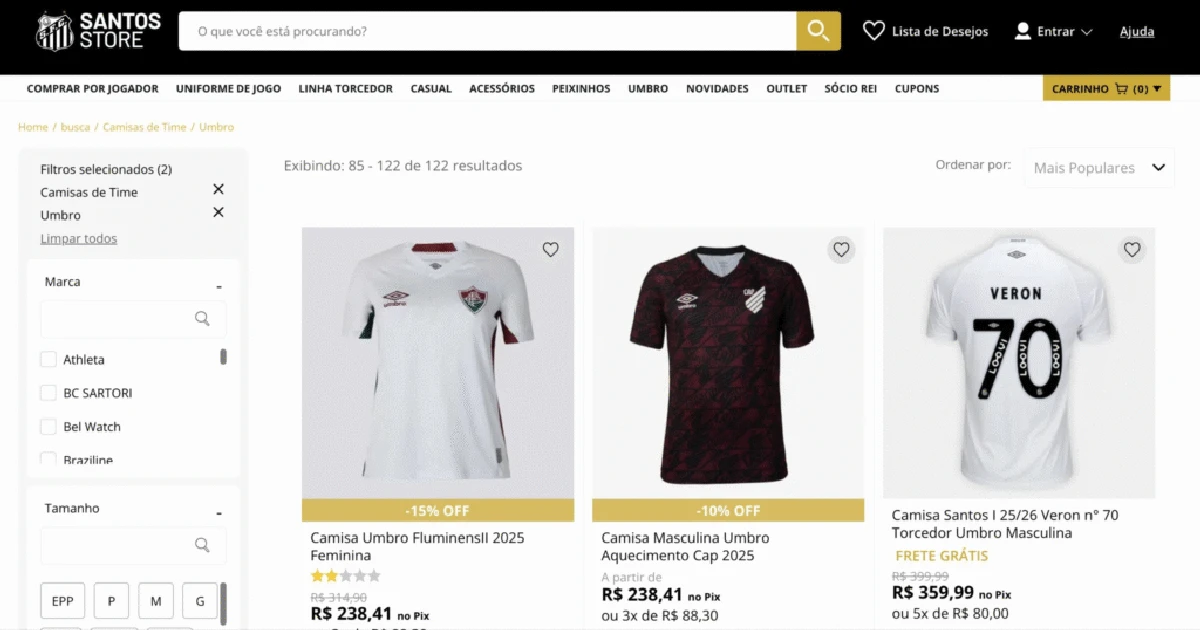Loja do Santos estaria vendendo camisas de rivais da Série A; veja