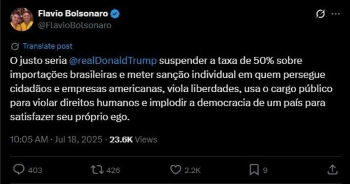 Flávio Bolsonaro diz ter se arrependido de postagem pedindo para Trump 'meter' sanção individual