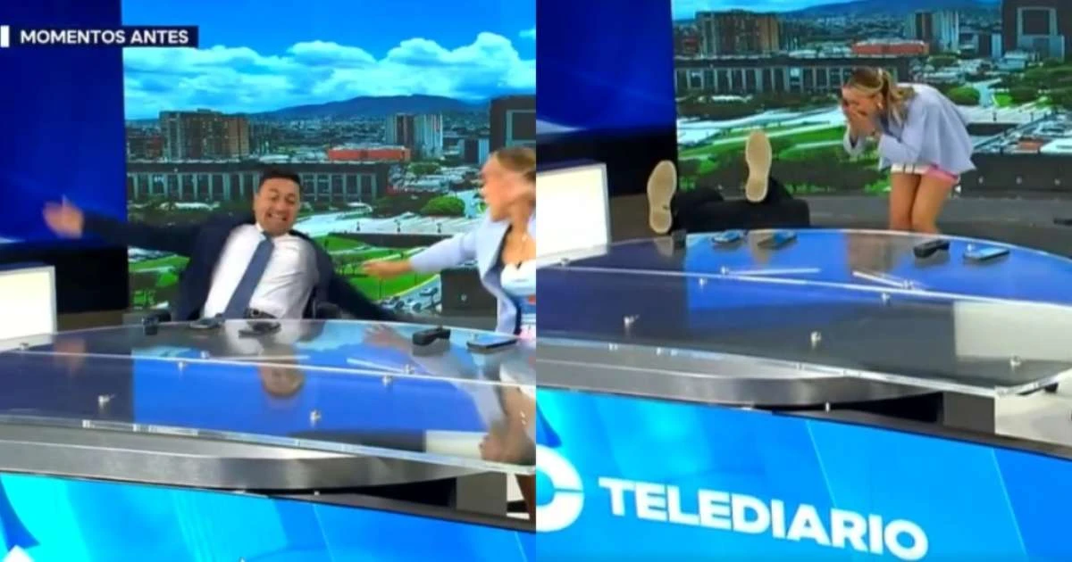 Apresentador cai da cadeira ao vivo em telejornal e deixa colega desesperada