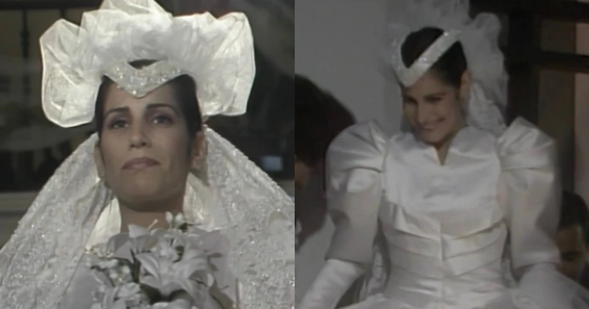 Nada de vestido de noiva básico! Em 1988, Maria de Fátima de Gloria Pires usou look maximalista com acessório extravagante na cabeça