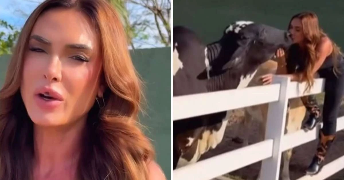 Você faria? Nicole Bahls beija sua vaca na boca: 'Boquinha cheirosa'