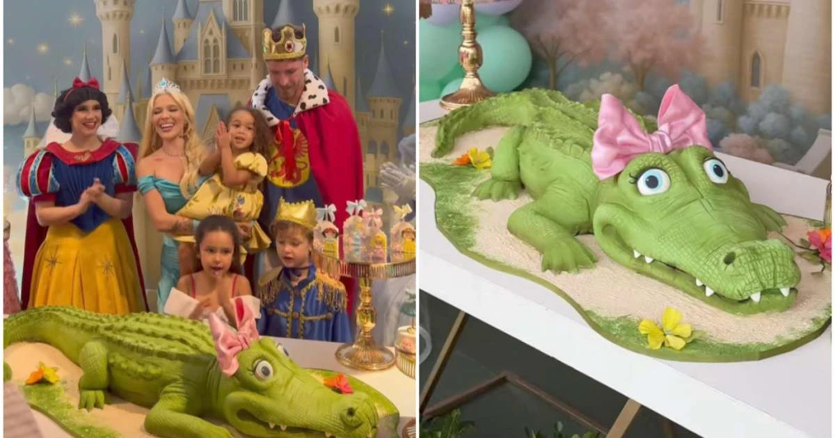 Filha de Karoline Lima ganha bolo de aniversário em formato de jacaré de R$ 8.400