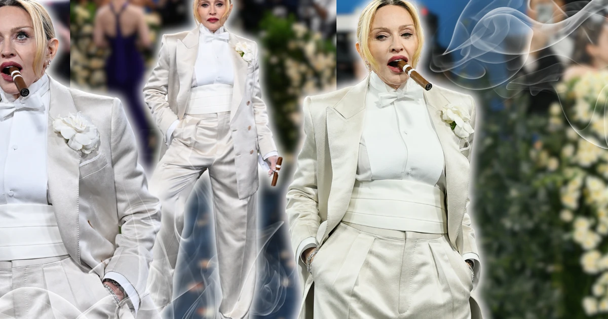 Após 7 anos, Madonna retorna ao tapete do Met Gala 2025 de terninho branco e fumando charuto: 'Rainha da p*rra toda'