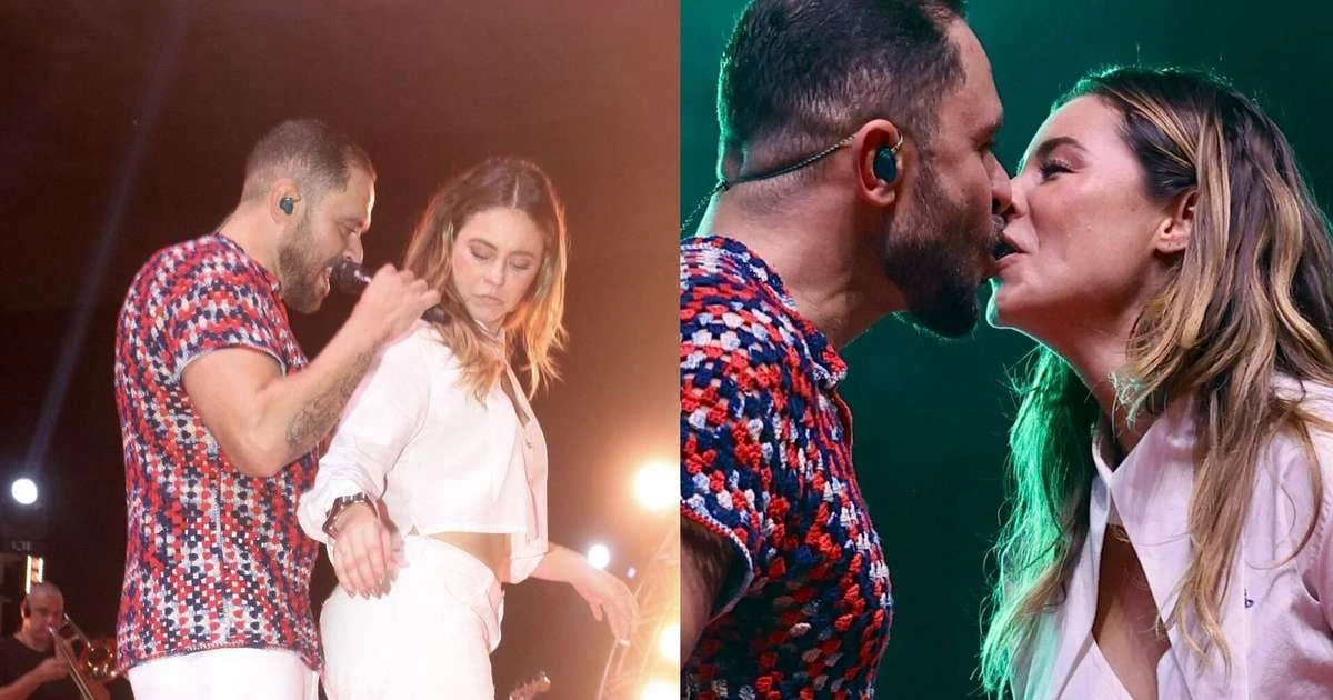 Clima quente! De barriga de fora, Paolla Oliveira dança e protagoniza troca de carícias com Diogo Nogueira no palco