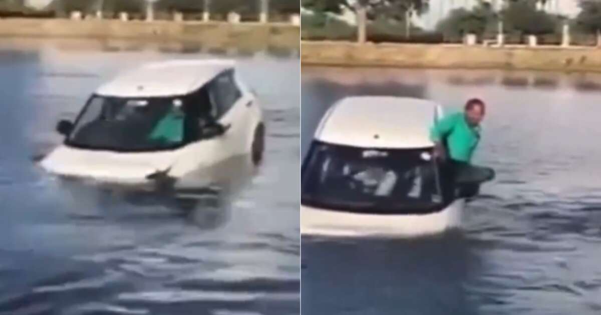 Aluno de autoescola confunde pedais e carro cai dentro de lago